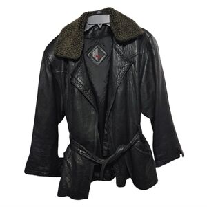 Tibor Black Leather Fleece Collar Tie Front Winter Coat Women's Size Large L